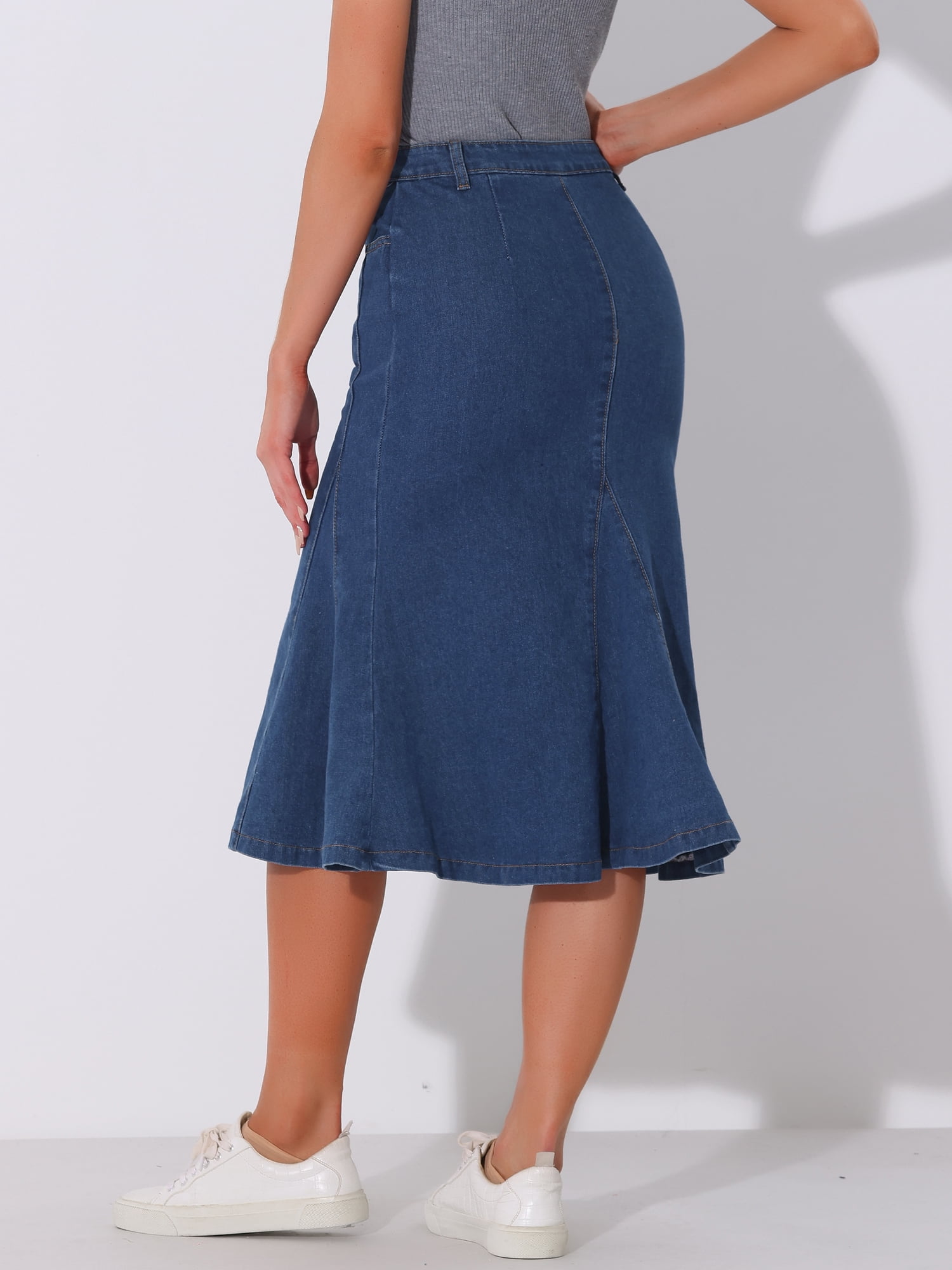 DARING DIVA Women's High Waisted A-Line Flared Midi Casual Denim Skirt S Medium Blue