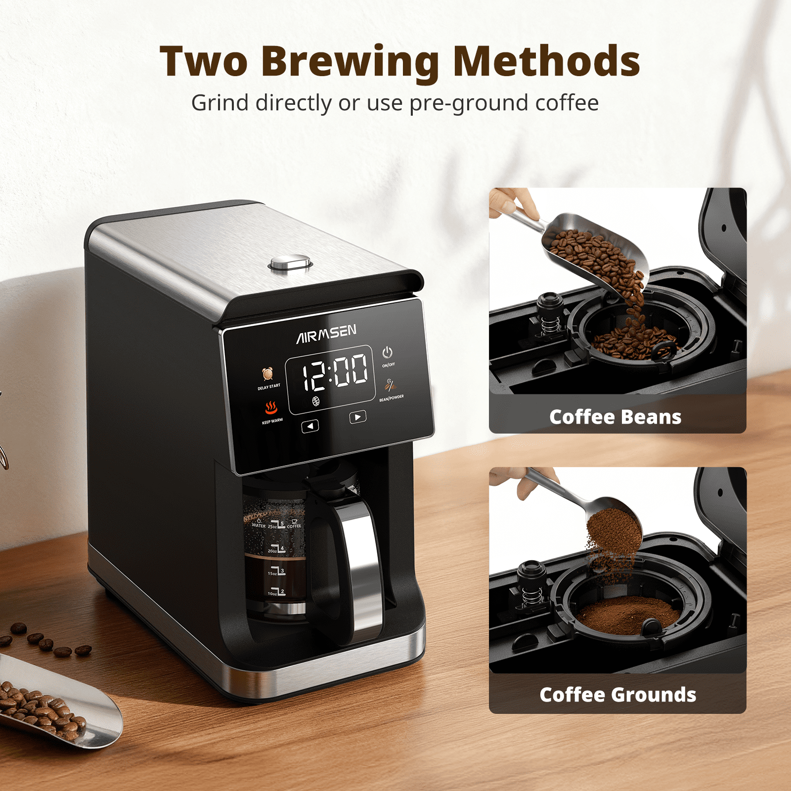AIRMSEN 2 in 1 Drip Coffee Maker with Grinder, Compact 5-Cup Programmable Coffee Machine, 3 Grind Settings, 24-Hour Delay Brew & Extended Keep Warm
