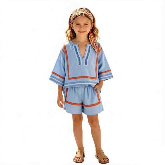 Girls Summer 2 Piece Outfits Striped V Neck 3/4 Sleeve Loose Fit Top and Elastic Waist Shorts Set Trendy Color Block Matching Sets Casual Resort Wear Beach Vacation Travel Outfits