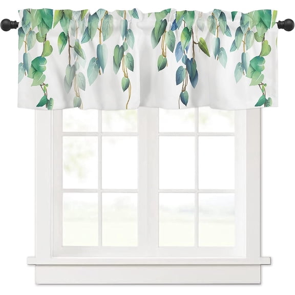 Watercolor Botanical Green Leaves Window Valance Rod Pocket Panel Curtain for Kitchen Summer Green Plants Branch with White Backdrop Bathroom Valances Short Window Curtain Treatment Drapes 54 x 18 in