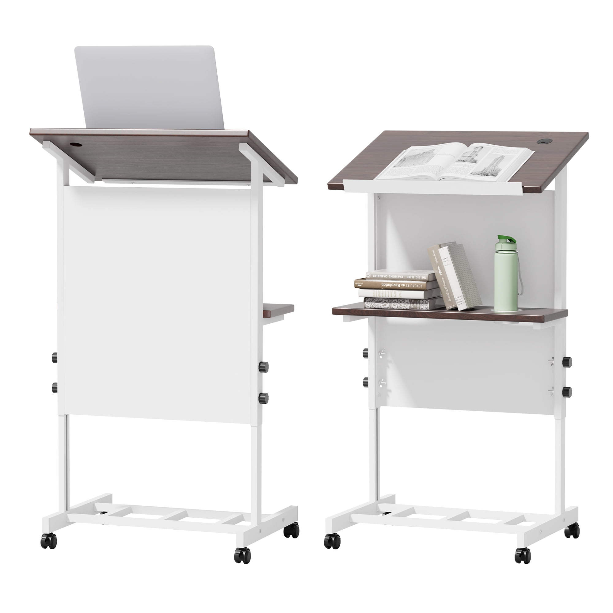 Portable Podium Stand with Wheels, Height Adjustable Lecture Podium With Shelf Cup Holder & Wire Hole, Mobile Pulpit For Churches, Meetings, Speeches, Classrooms, White