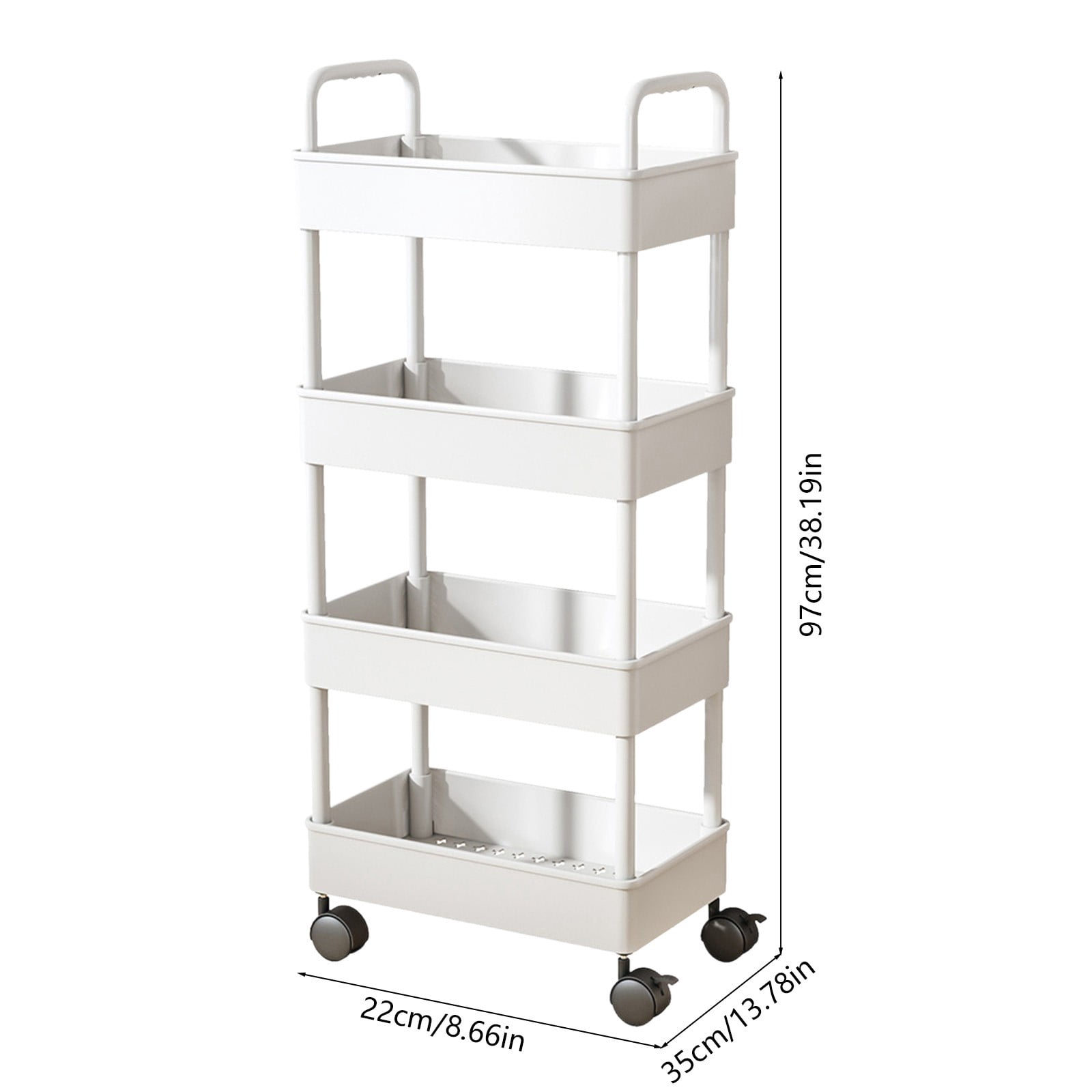 SIYTUAU White 4-Tier Kitchen Storage Cart With Armrests And Wheels For Bathroom Toiletries Organizer 13.8 X 8.7 X 38.2 Inch White Color Plastic Material For Home Use White