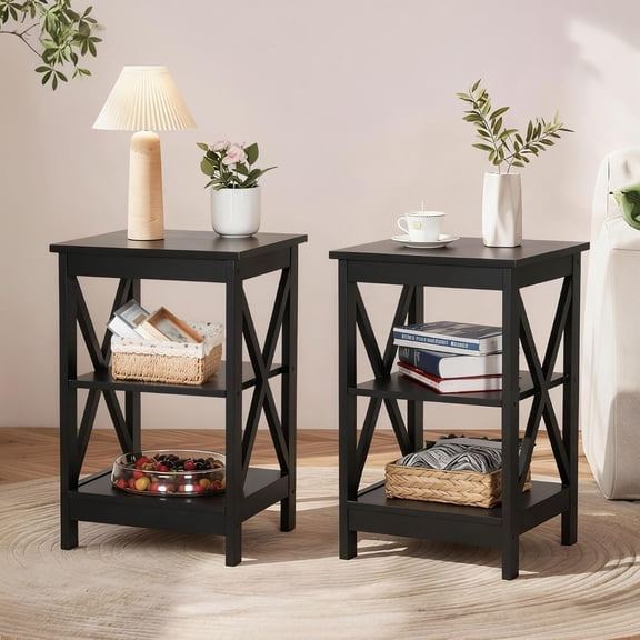 Farmhouse End Table Set of 2 with Storage Shelves, 3-Tier Sofa Side Table Nightstand Bedside Table for Living Room Bedroom Office