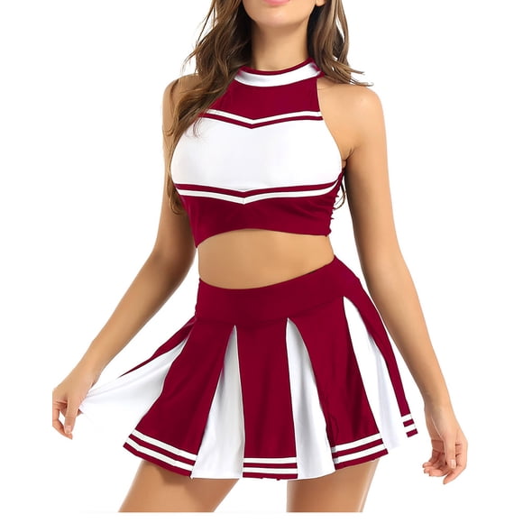 Loodgao Womens Cheer Leader Outfits Schoolgirl Cheer Leading Uniform Crop Top with Mini Pleated Skirt Wine Red M