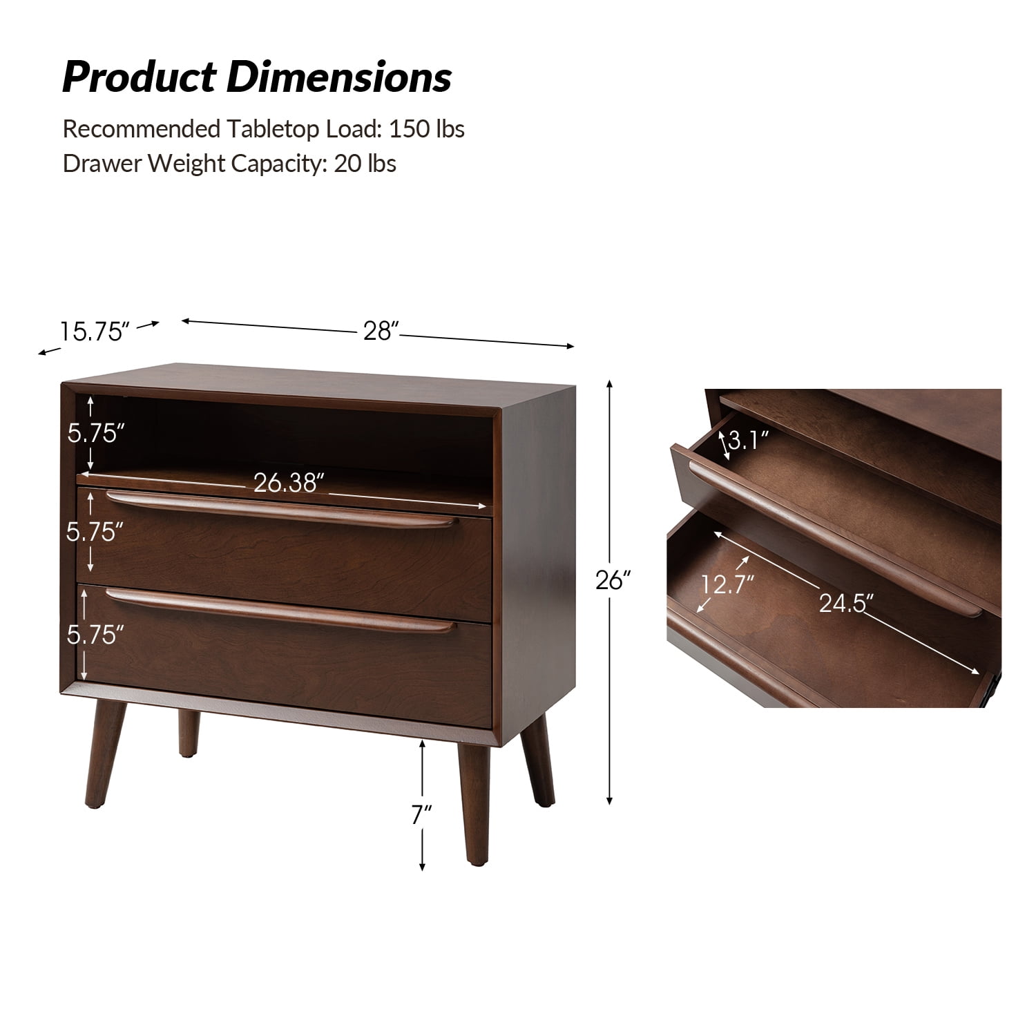 26" Tall 2-drawer End Table with Charging Station Table for Living Room Walnut