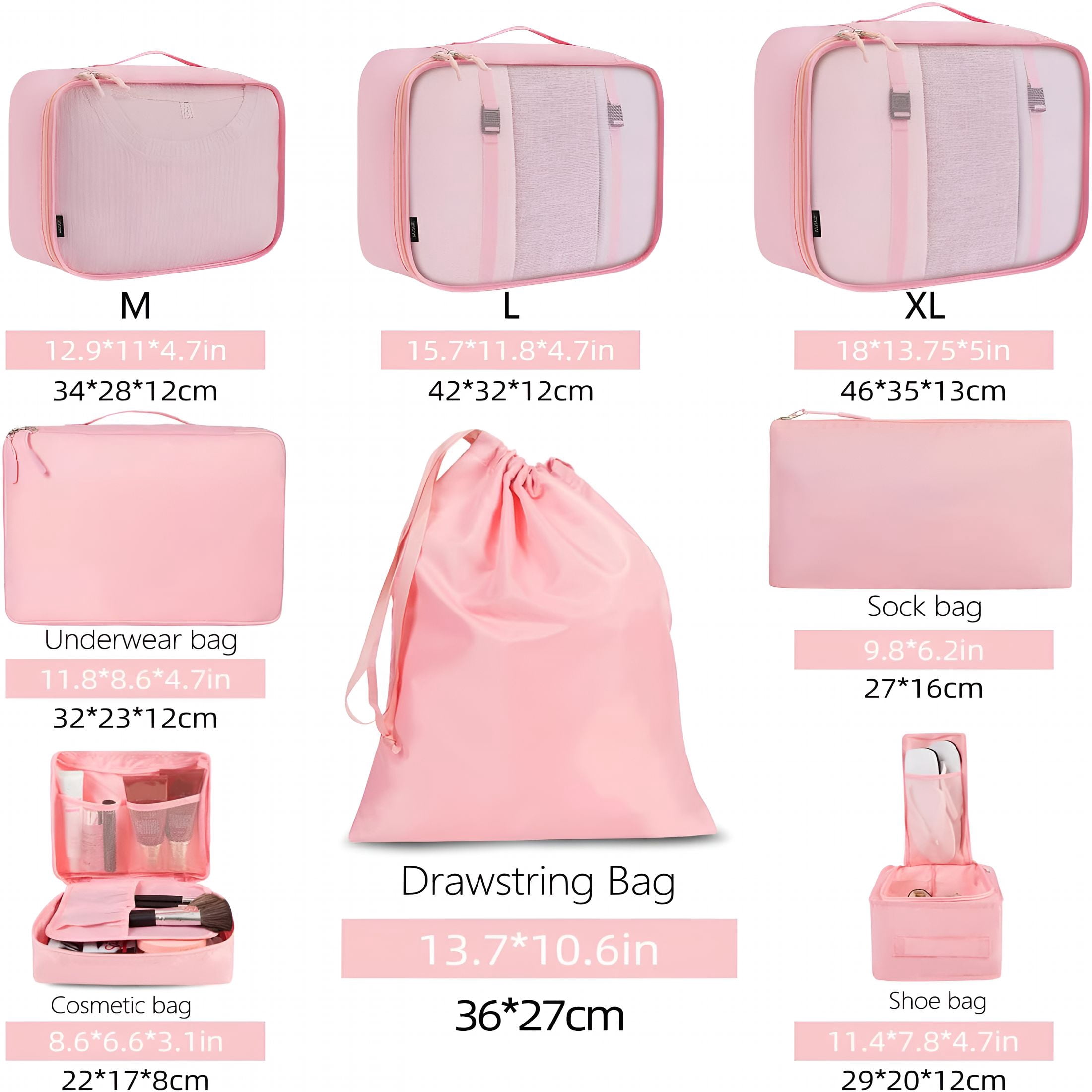 XIBUFE 8 Set Packing Cubes,Lightweight Travel Luggage Organizers with Shoe Bag,Toiletry Bag & Laundry Bag (Blush Pink)