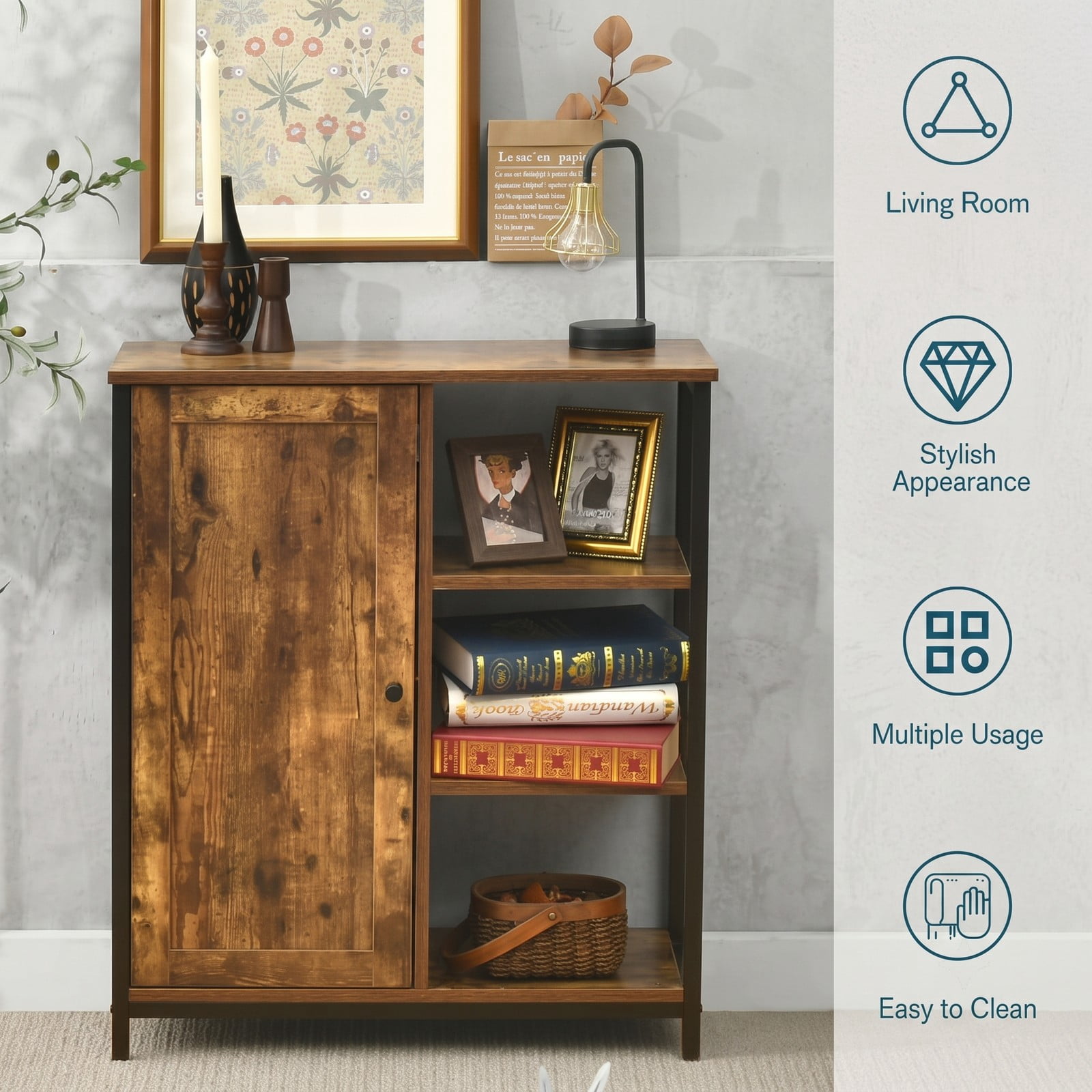 Furnibear Multipurpose Freestanding Storage Cabinet with 3 Open Shelves and 2 Doors, Industrial Wood Metal Accent Storage Cabinet for Living Room, Rustic Brown Black