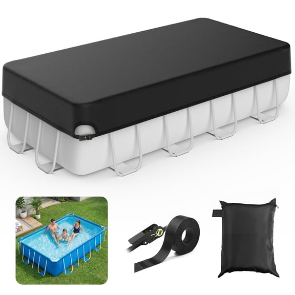 Agricasst 7X10FT Rectangular Pool Cover, 420D Solar Pool Covers for Above Ground Pool with Strap & Drawcord Tightener, Inflatable Pool Cover for UV Resistant, Waterproof Snowproof & Windproof, Black