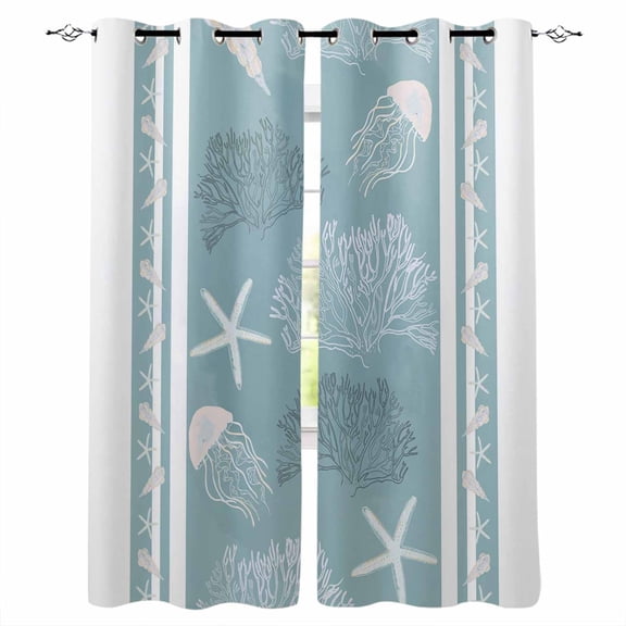 Blue Coastal Blackout Curtains 45 Inches Long for Bedroom, Nautical Beach Summer Sea Starfish Coral Thermal Insulated Room Darkening Black Out Window Curtain Panels Grommet Drapes for Living Room