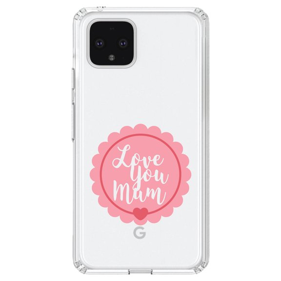 DistinctInk Clear Shockproof Hybrid Case for Google Pixel 4 XL (6.3" Screen) - TPU Bumper Acrylic Back Tempered Glass Screen Protector - Love You Mum - Pink Ribbon
