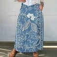 thumbnail image 5 of Mnyycxen Women's Boho Retro Ptinted Denim Skirts Elastic High Waist A-line Maxi Skirt Block Color Pleated Skirt with Pockets, 5 of 5