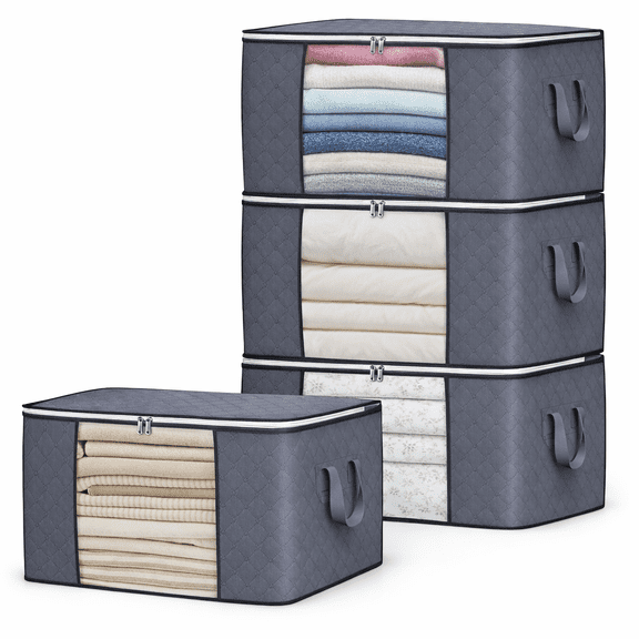 Brotasdro 4 Pack 90L Large Storage Bags with Clear Window & Reinforced Handles, Foldable Closet Organizer for Clothes, Blankets & Comforters, Gray