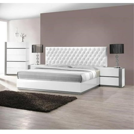 4 Piece Modern Bedroom Furniture Set, Queen Bed, 2x Nightstand and Chest, White Lacquer Finish