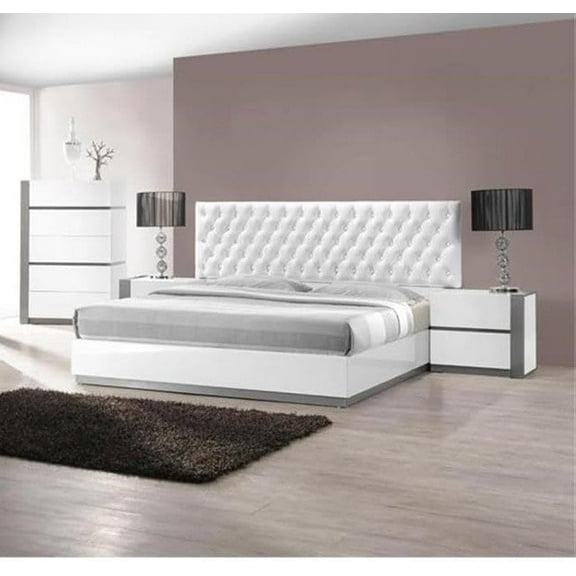 4 Piece Modern Bedroom Furniture Set, California King Bed, 2x Nightstand and Chest, White Lacquer Finish