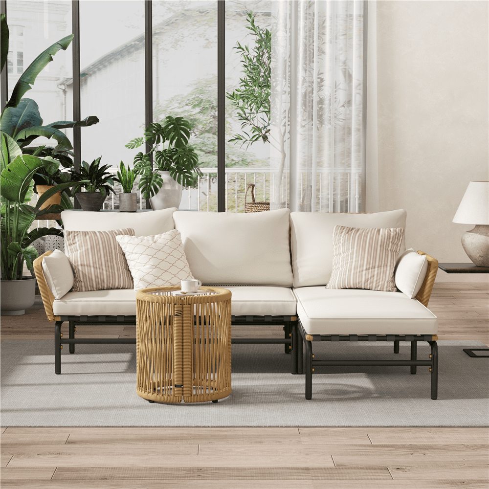 Renwick 3-Piece Wicker Rattan Patio Sectional Sofa Set with Table and Cushions, Tan/Cream