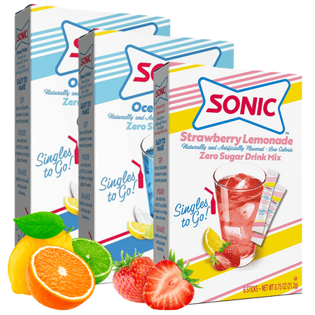 Sonic Singles To Go Powdered Drink Mix 2 Ocean Water and 1 Strawberry Limeade Flavored Water Enhancer Sugar-Free and Non-Carbonated Beverages Quick Convenient 3 Boxes 6 Sticks each 18 Total Servings Sonic Singles To Go Powdered Drink Mix 2 Ocean Water and 1 Strawberry Limeade Flavored Water Enhancer Sugar-Free and Non-Carbonated Beverages Quick Convenient 3 Boxes 6 Sticks each 18 Total Servings