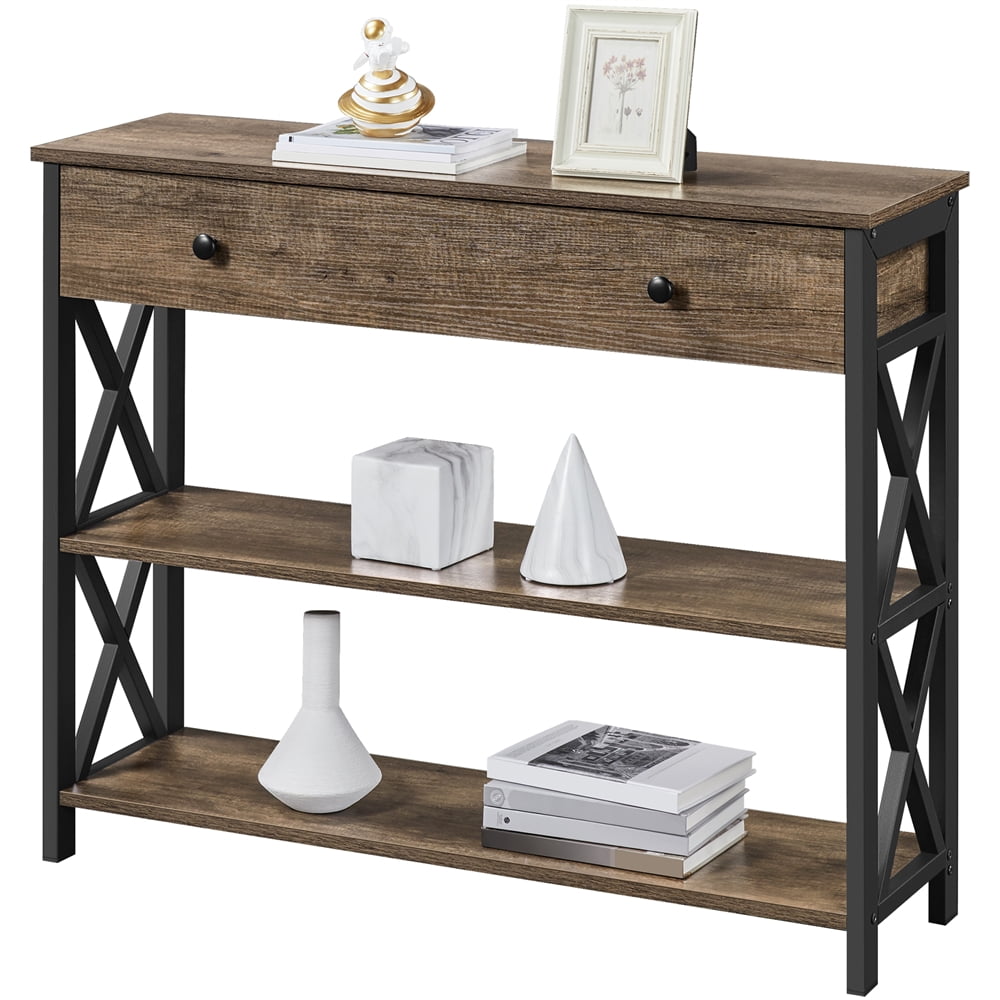 Topeakmart X Design Console Table w/ 1 Drawer & 2 Shelves, Taupe Wood
