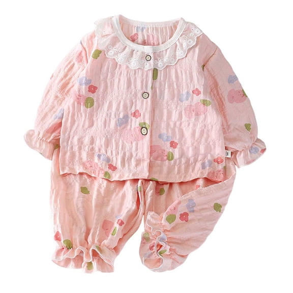 BLVB Toddler Baby Girls Fall Clothes Printed Long Sleeve Lace Button up Shirt Tops Pants Set Infant Kids Cute Outfits(Pink AA1,1-2Years)