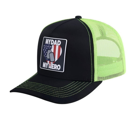 Unisex Embroidered My Dad My Hero, 5-Panel Trucker Hat, Black/Green, Adjustable Fit
