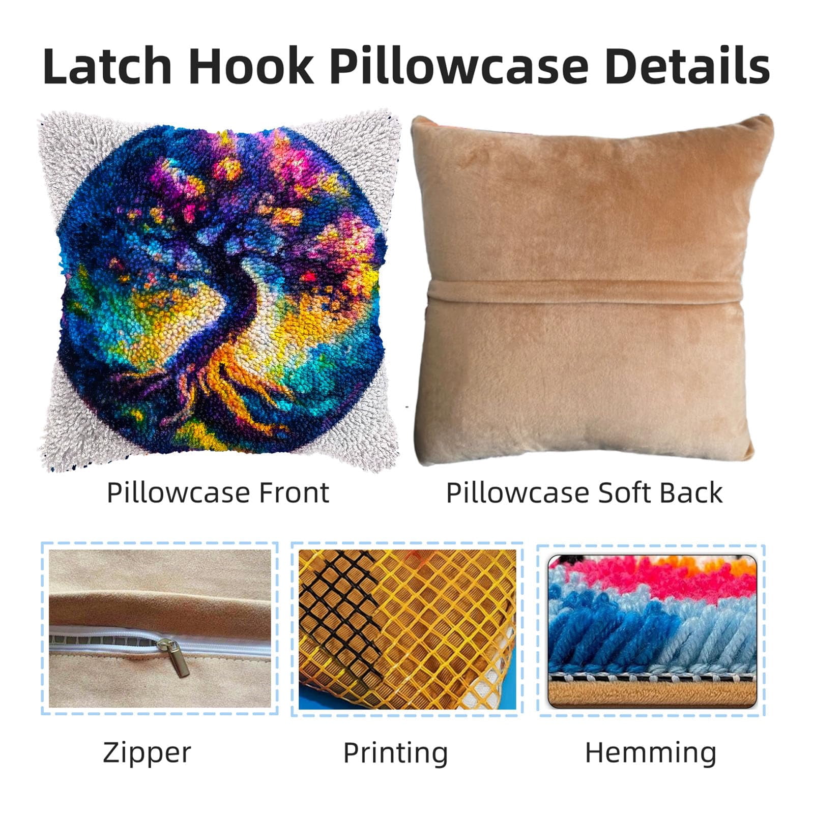 Colorful Tree Shining Sky DIY Latch Hook Pillow Kits for Adults Printed Pillowcase Crochet Yarns Hooking Handmade Pillow Cover Cushion for Home Sofa Decoration 17x17inch(2)
