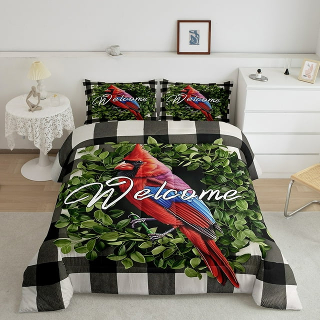 YST Red Cardinal Botanical Comforter Set, Queen Size, Rustic Farmhouse Black White Buffalo Plaid, Soft Lightweight