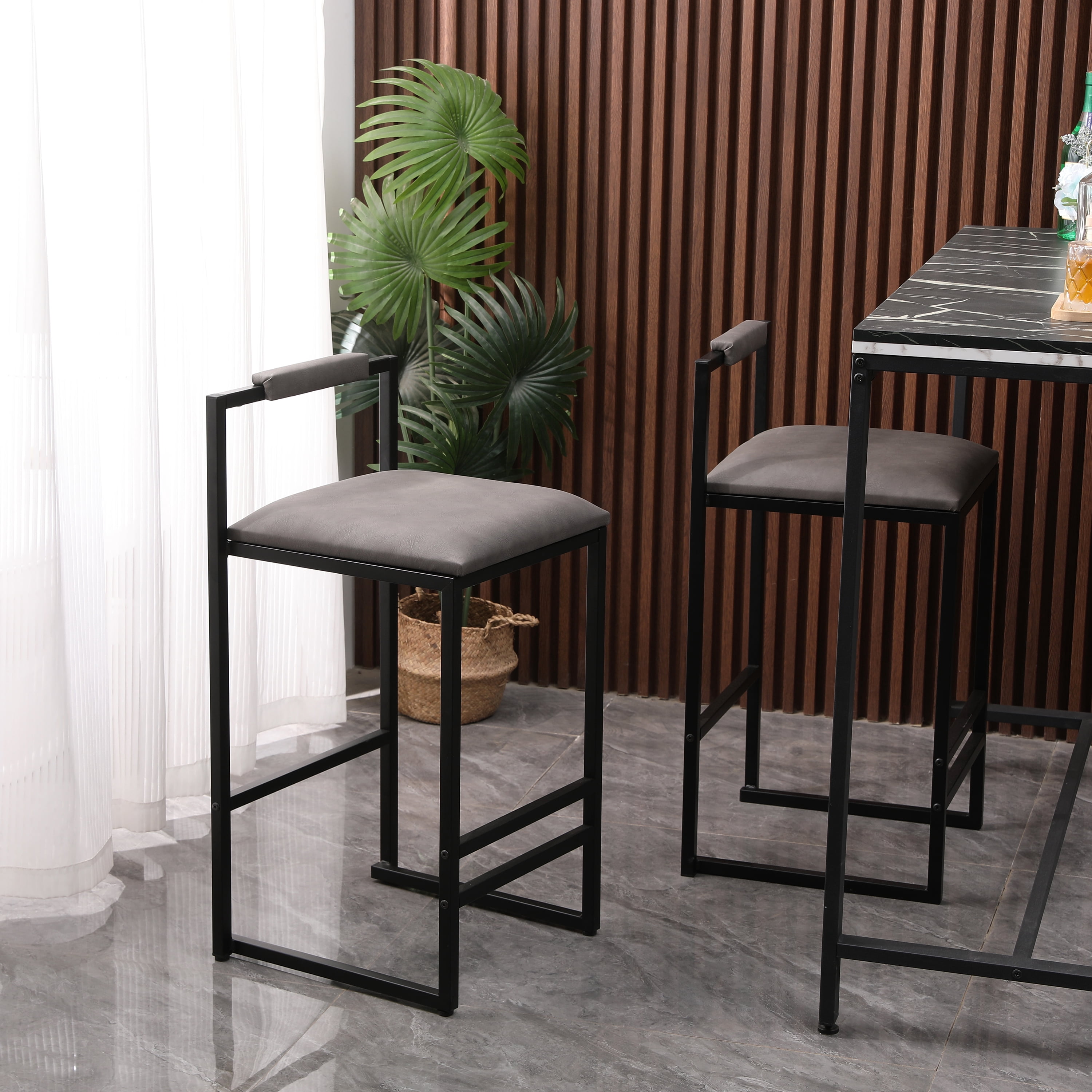 Miniyam 32" Bar Stools, Set of 2 Upholstered Barstools with Back, Faux Leather Farmhouse Bar Chairs Island Stools,Gray