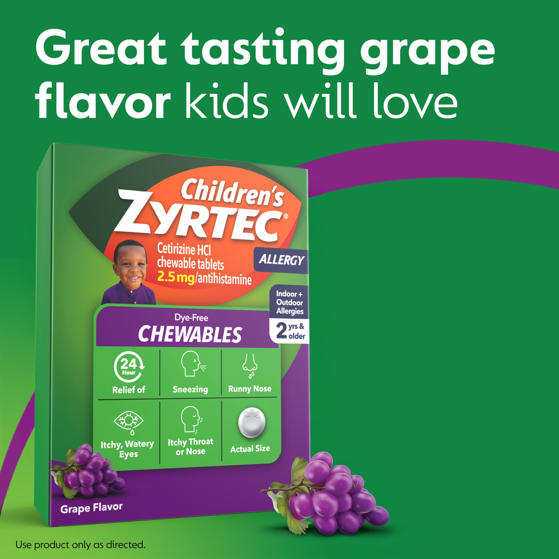 Children's Zyrtec 24 Hr 2.5 mg Allergy Chews for Ages 2+, Grape, 24 Count