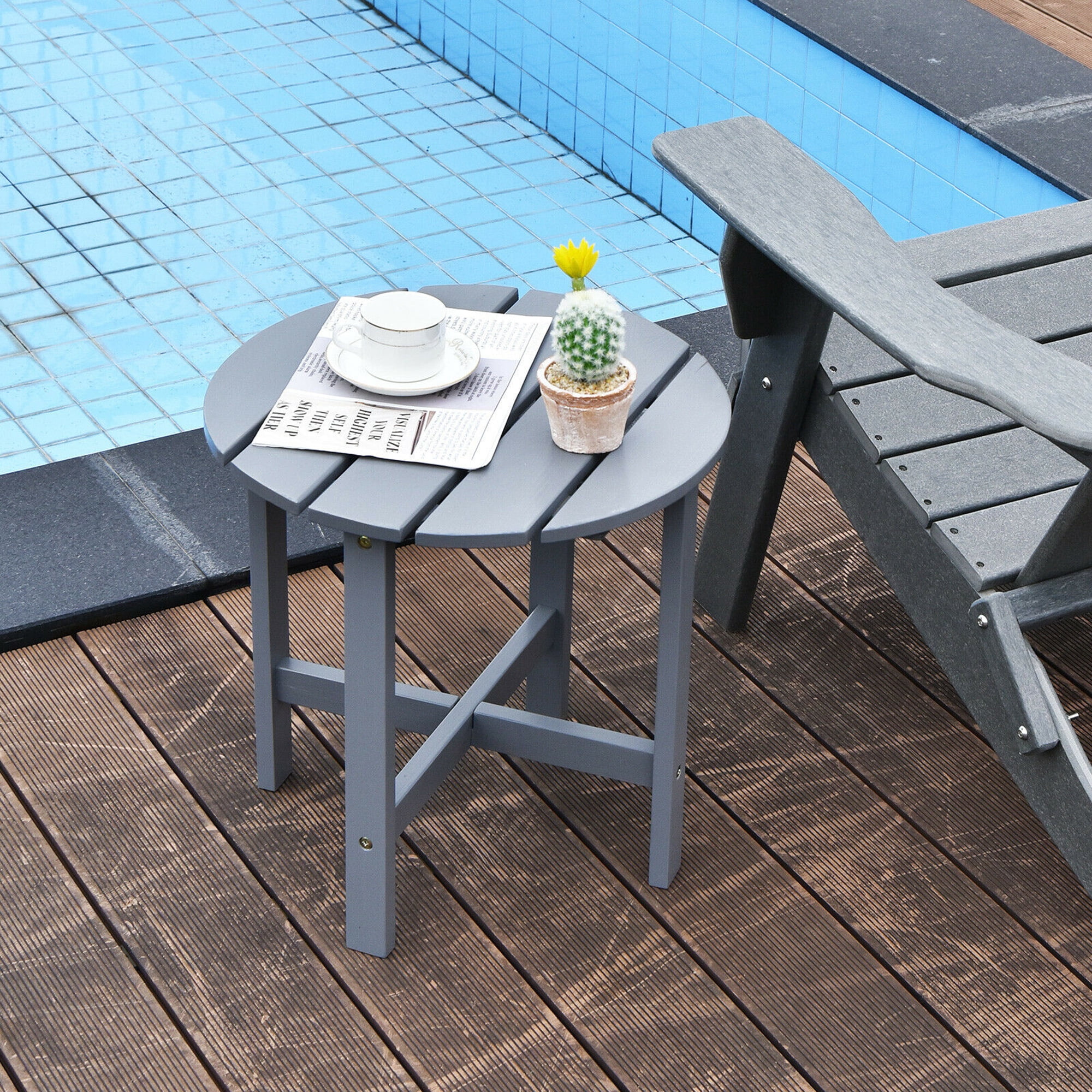 Gymax Wooden Slat Round 18" Patio Coffee Table, Gray
