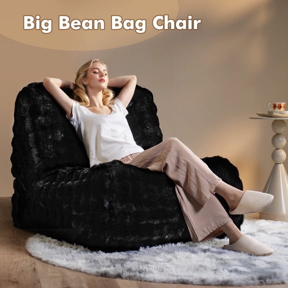 XIZZI Bean Bag Chair, Oversized Ultra-Soft Plush Faux Fur Lounge Chair Indoor, Fluffy Cozy Lazy Sofa for Living Room Bedroom, No Assembly Required, Black