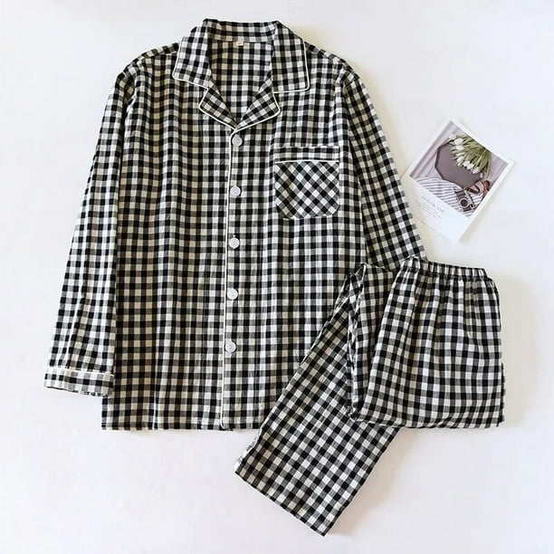 De moda a cuadros 100% gasa de algodón amantes conjuntos de pijamas de los hombres de las mujeres de Primavera de manga larga informal japonés pijamas Homewear