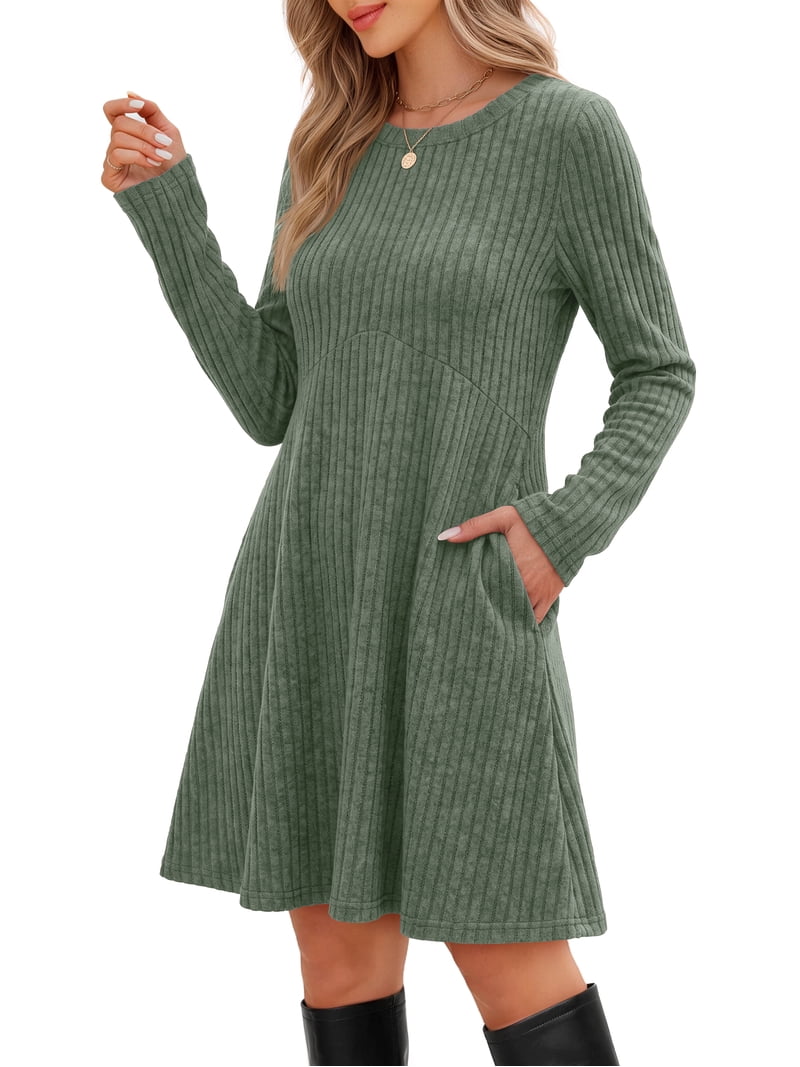 Fantaslook Fall Long Sleeve Dresses for Women Crew Neck Empire Waist Tunic Dress with Pockets Sweater Dress, Women's, Size: Large, Green