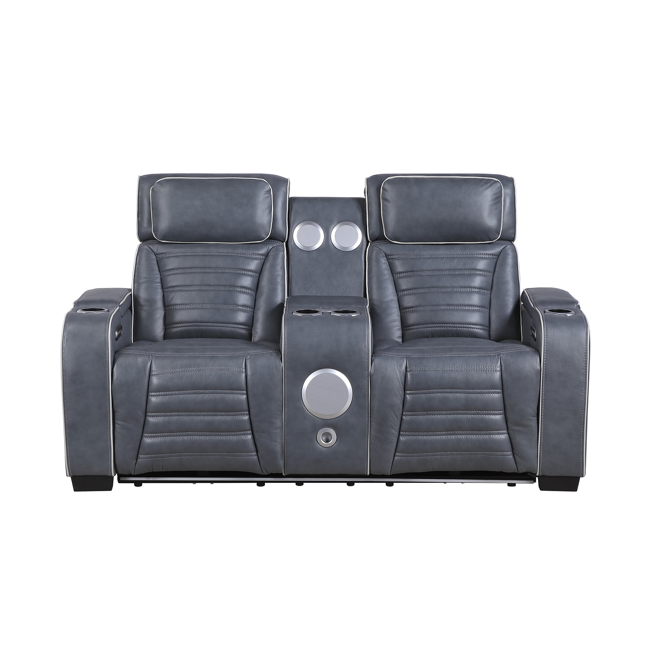 OakvillePark Elantra Leather Match Power Double Reclining Love Seat with Center Console/Power Headrests/Storage Arms/Cup Holders/Wireless speakers/Air Massage/Heat/LED Lighting/Charging Ports, Blue