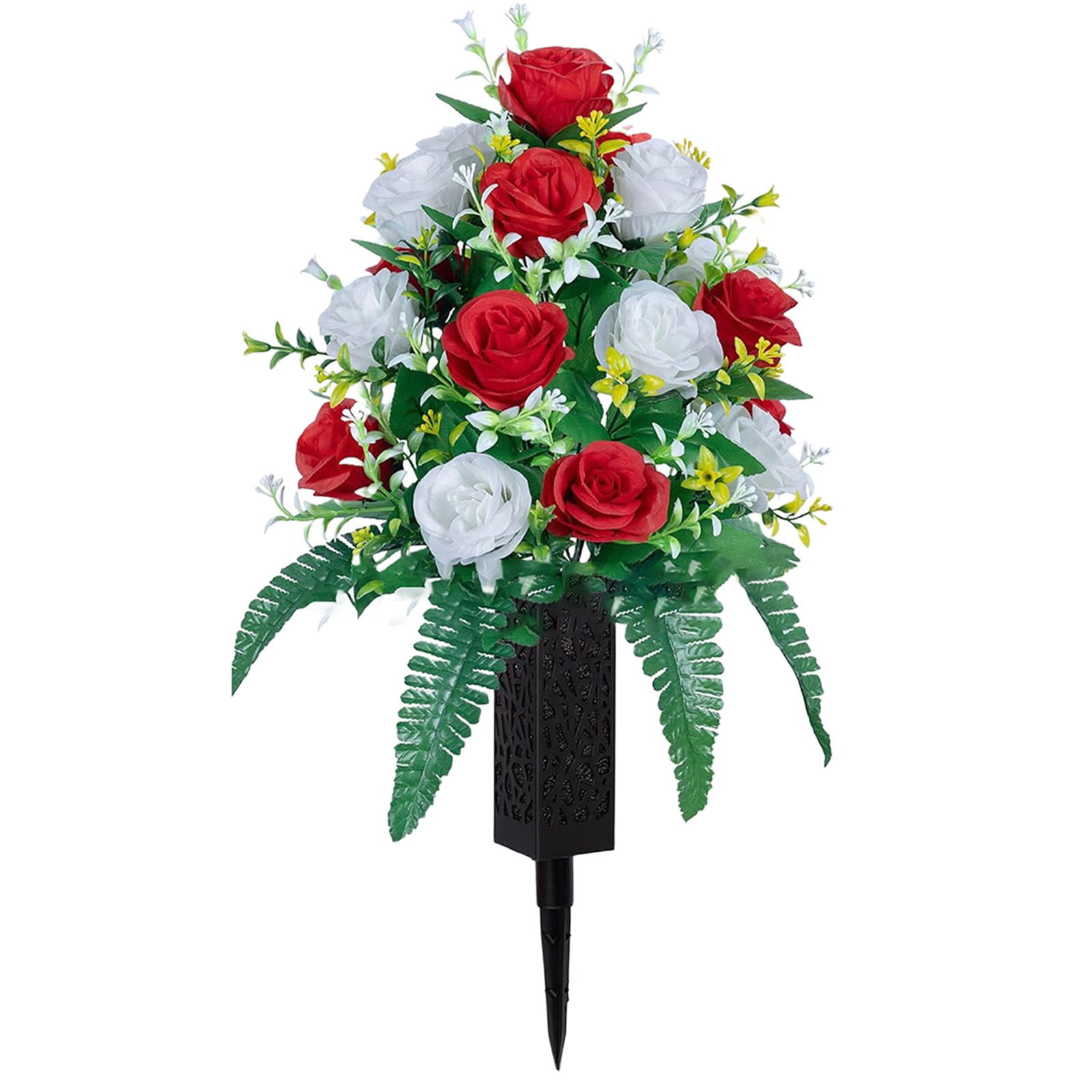 Artificial Cemetery Rose Bouquet with Long Nail Vase Stand, 19.6" Tall Durable Memorial Flowers for Gravesite, Faux Cloth Roses with Foam Insert, Spike Bottom for Secure Placement, By Harlik
