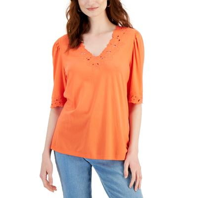 Charter Club Petite Crochet Trim Cotton Top Hot Coral PM