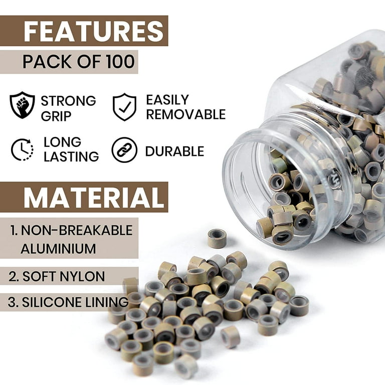 Charm Notch Hair Extension Beads offering set of 2500 pcs in 5 Different Colors dimension 5x3x3mm individually bottled Hair Tinsel Beads has Micro Silicone inner lining Aluminum outer lining I Walmart...