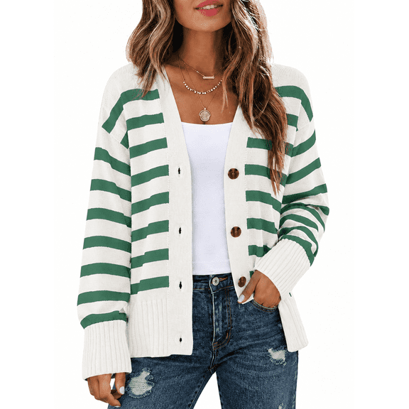 SHEWIN Womens Cardigan Casual Button Down Color Block Striped V Neck Open Front Knit Fall Sweaters Green Stripe