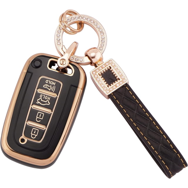 Key Fob Cover Compatible with Fit for Hyundai 2020 2021 2022 Sonata Santa Fe Tucson Bling Key Case Protection Shell with Keychain Case Holder Protector,1,Black