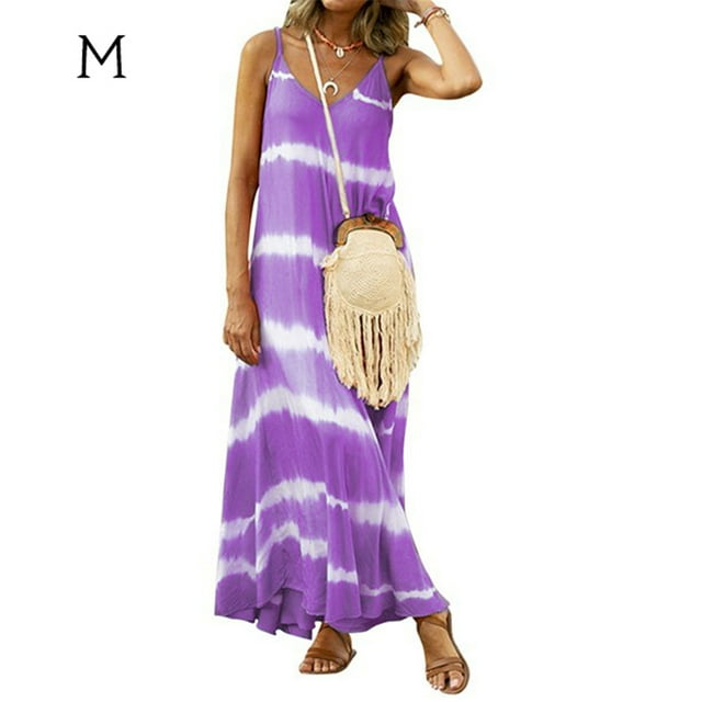 Robe Maxi à Col en V Vêtements d'Été à Rayures Sans Manches Robe à Col en V Robe Ample Sans Manches, Violet, m