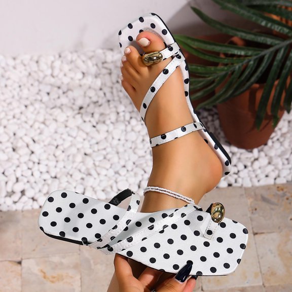 Ytobaz Slide Sandals for women Polka Dot Canvas Toe Ring Flat Sandals Open Toe Slides Beach Vacation Travel Outdoor Daily Casual Summer Footwear