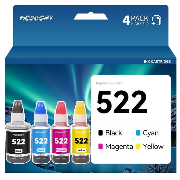 WORDGIFT Replacement for 522 T522 Ink Bottle Refill replacement with Epson 522 Ink T522 EcoTank ET-2720, ET-4700, ET-2800, ET-2803, ET-4800, Printers Ink Multipack(Black Cyan Magenta Yellow)