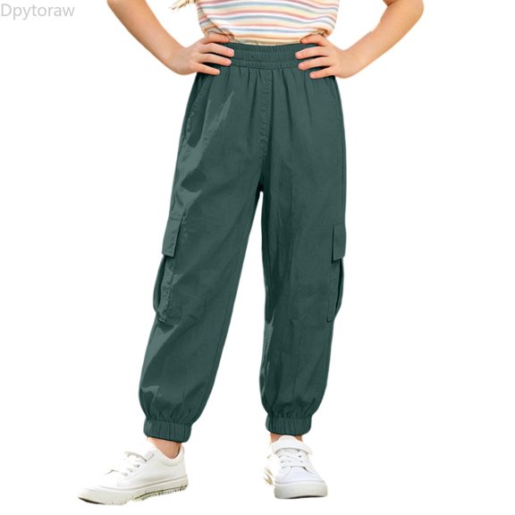 Dpytoraw Kids Cargo Pants Solid Color Elastic Waist Jogger Trousers with Pockets Green Size 3-4 Years