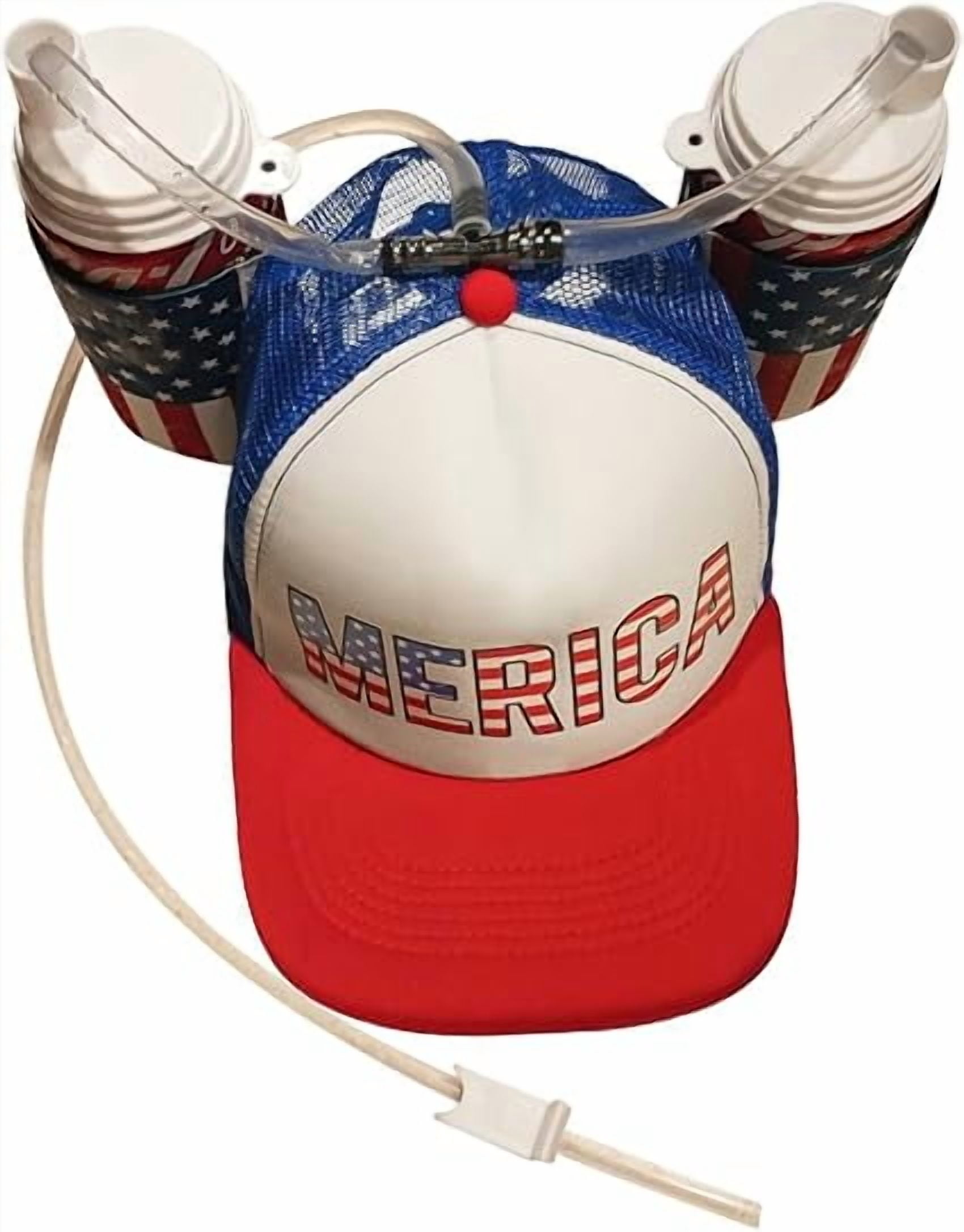 HandinHandCreations USA Merica Drinking Cap Adjustable Size Hat with Straw for Soda or Beverage Guzzler Drink Helmet - America Drinking July 4th Costume - All American Party Gear