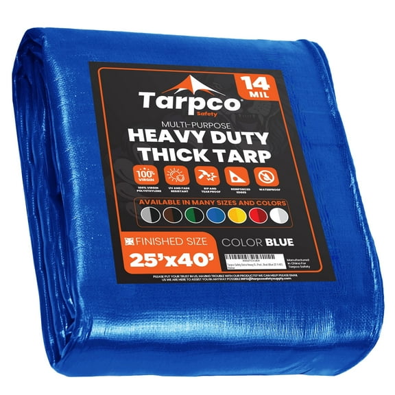 Tarpco Safety 14 Mil Extra Heavy Duty Tarp Camping Tarpaulin Waterproof Cover, Blue 25' x 40'Ft