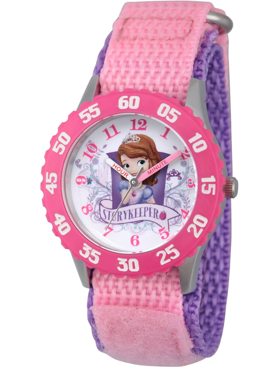 Princess Sofia Girls' Stainless Steel Time Teacher Watch, Pink Bezel, Pink Hook and Loop Nylon Strap with Purple Backing