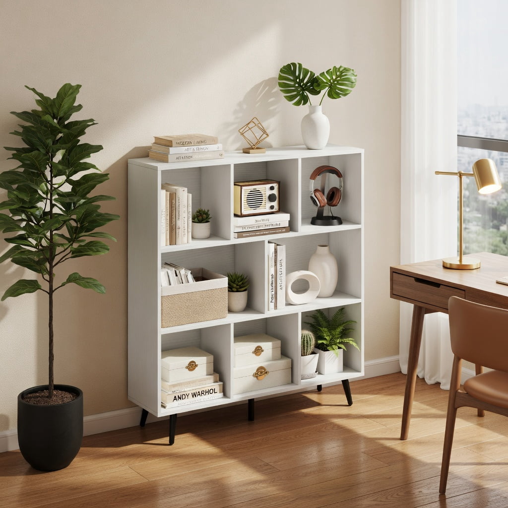 Spaco 8-Cube Bookcase - 5 Tapered Metal Legs Anti-Tip, Easy-Clean Surface, White