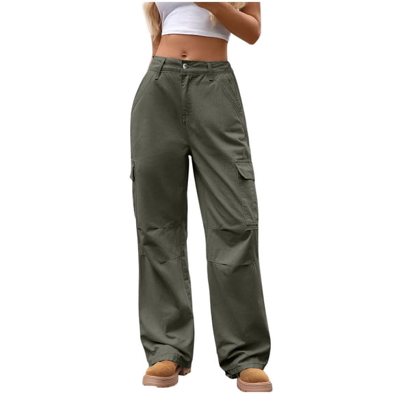 AINIYS Women's Cargo Jeans Wide Leg Multi-Pocket Trousers for Casual Street Daily Wear Army Green L