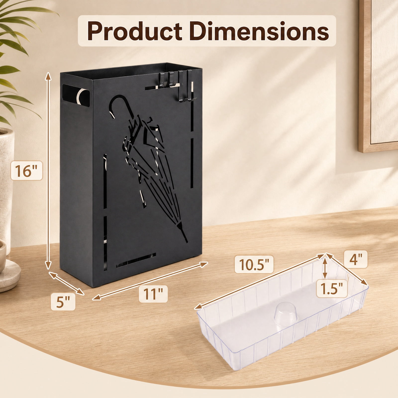 Furnibear Rectangular Umbrella Holder Rack with Removable Drip Tray and 4 Hooks for Entryway Hallway and Home Office Organization, Black