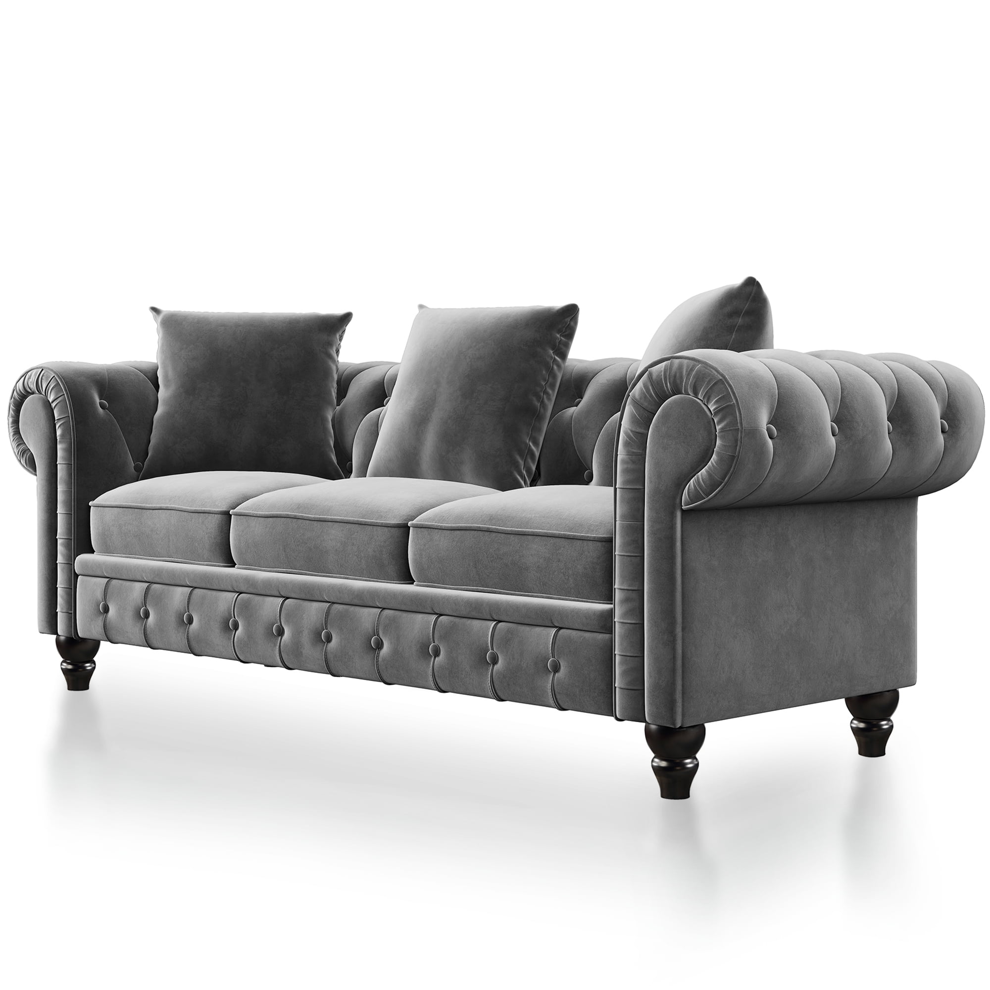 Kepooman Tufted Velvet Upholstered 3 Seat Sofa with 3 Pillows, Gray Kepooman Tufted Velvet Upholstered 3 Seat Sofa with 3 Pillows, Gray