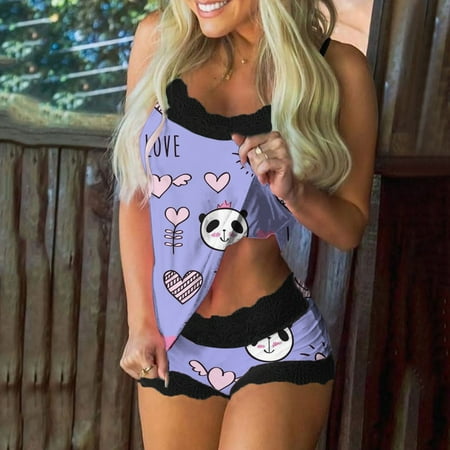 

Women Print Pajamas Sleeveless Lace Cami Shorts Lingerie Sleepwear Set Note Please Buy One Size Larger