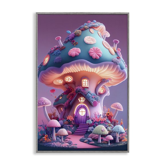 Stupell Industries Mystical Forest Mushroom Town & City Painting Gray Framed Art Print Wall Art, 12 x 18
